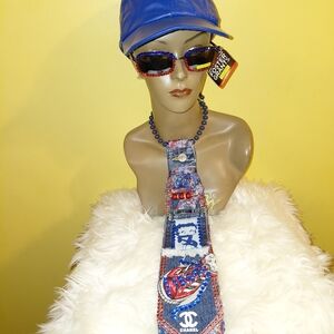 WOMENS UPCYCLED JUNK  DENIM NECKTIE  with Blue Accents+ FREE SUNGLASSES